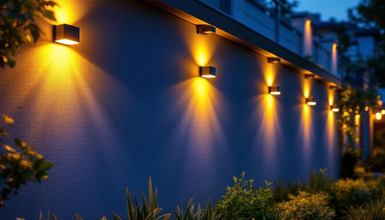 A photograph of a beautifully illuminated exterior wall featuring led lights in a residential or commercial setting