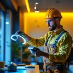 A photograph of a lighting contractor skillfully installing bulk led strips in a modern interior space
