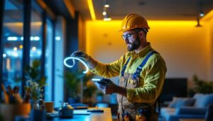 A photograph of a lighting contractor skillfully installing bulk led strips in a modern interior space
