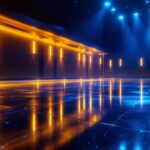 A photograph of a beautifully illuminated movie theater floor