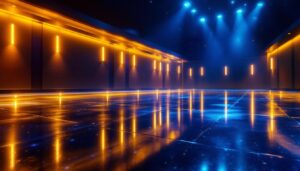 A photograph of a beautifully illuminated movie theater floor