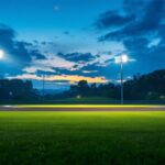 A photograph of a well-lit baseball field at dusk