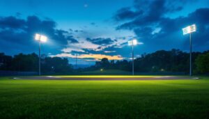 A photograph of a well-lit baseball field at dusk