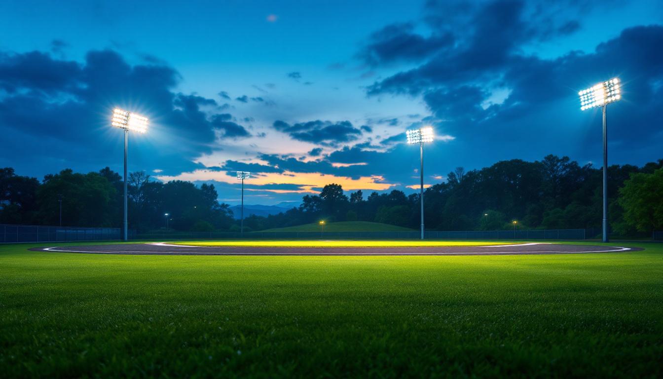 A photograph of a well-lit baseball field at dusk