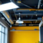 A photograph of a well-lit commercial space featuring a sleek led 2x4 troffer light installed in the ceiling