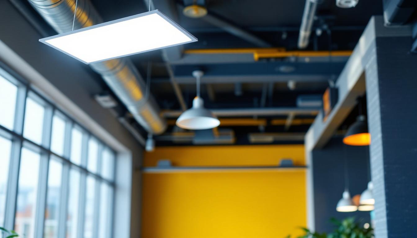 A photograph of a well-lit commercial space featuring a sleek led 2x4 troffer light installed in the ceiling
