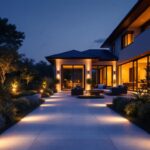 A photograph of a beautifully illuminated outdoor space featuring strategically placed up lights highlighting architectural features of a house