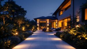 A photograph of a beautifully illuminated outdoor space featuring strategically placed up lights highlighting architectural features of a house