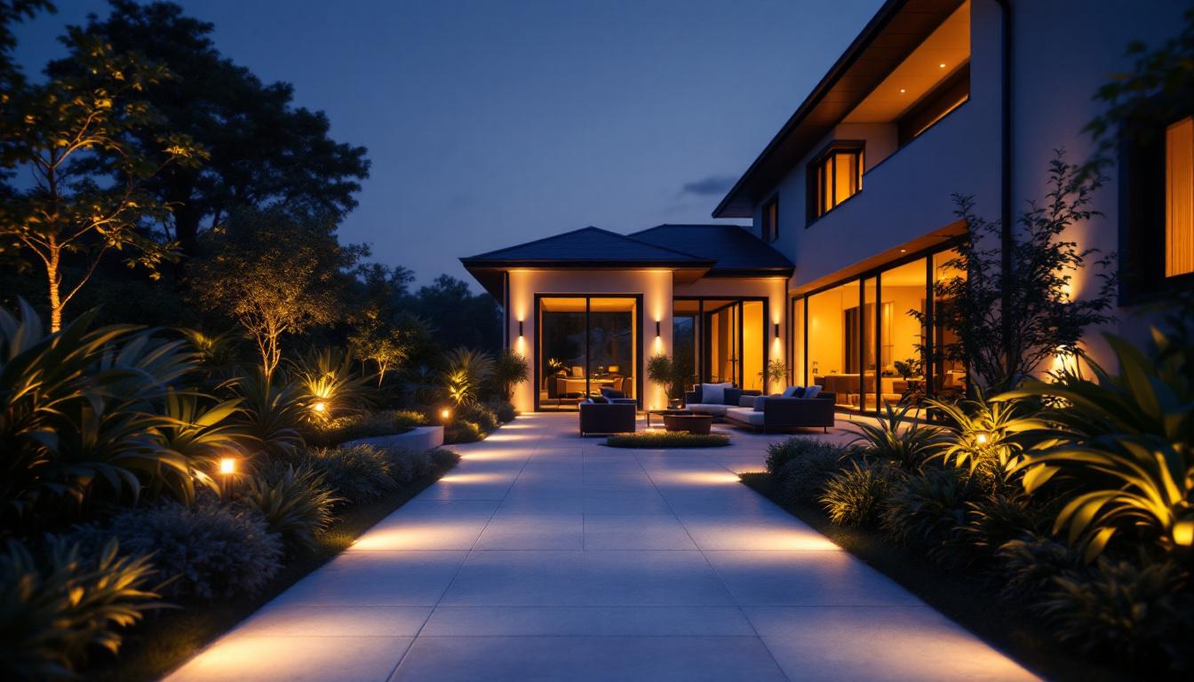 A photograph of a beautifully illuminated outdoor space featuring strategically placed up lights highlighting architectural features of a house