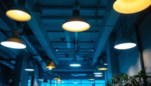 A photograph of a modern office space illuminated by various ceiling lamps