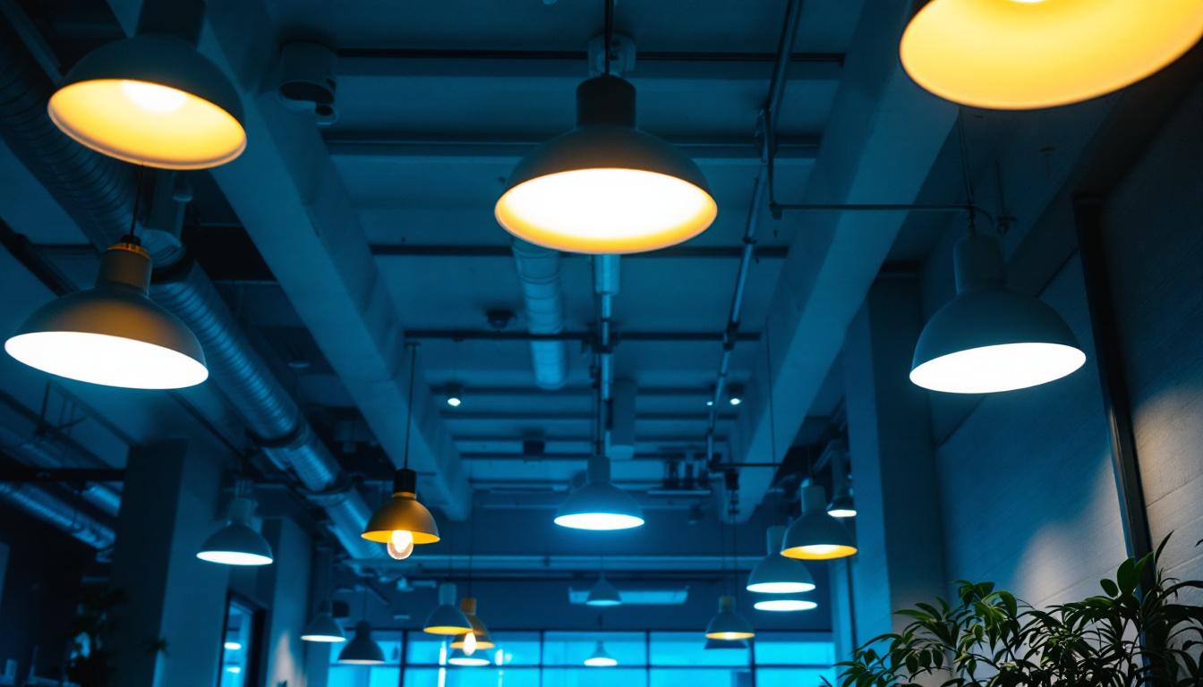 A photograph of a modern office space illuminated by various ceiling lamps