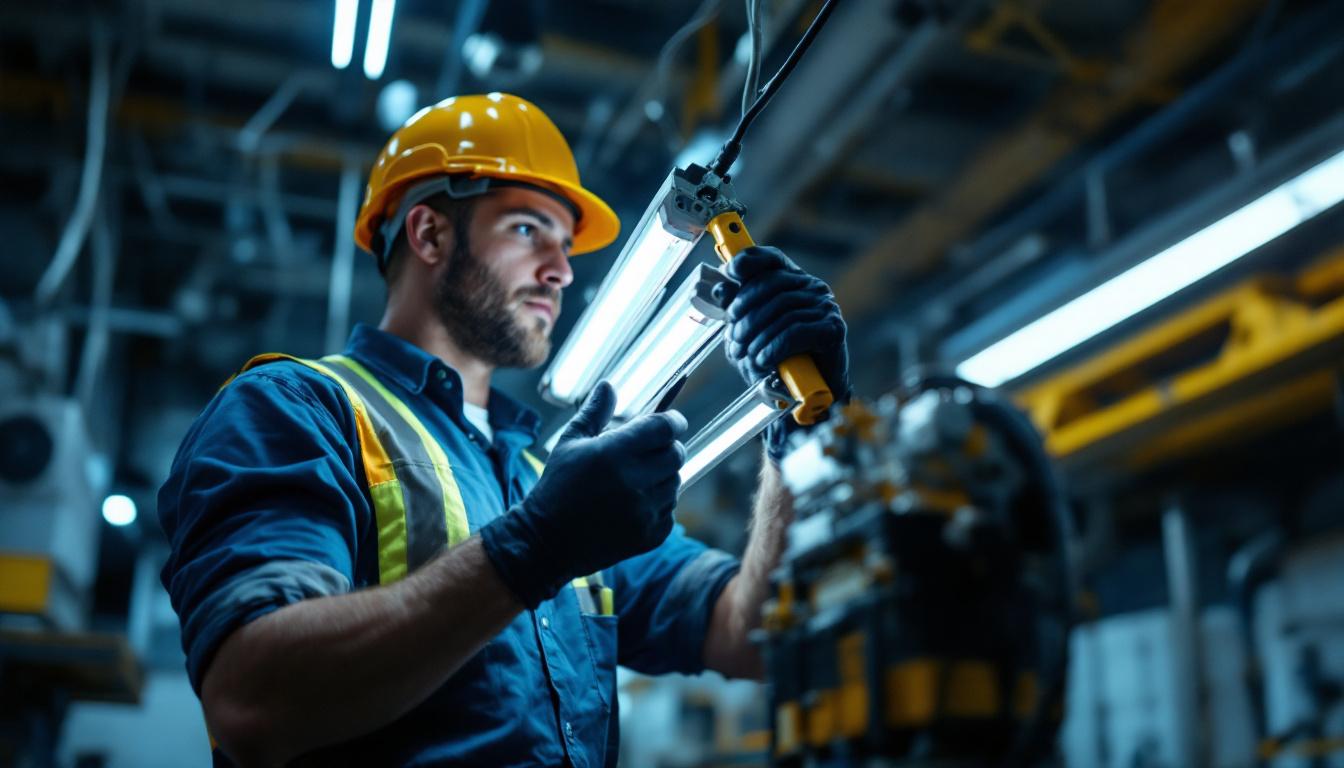 A photograph of a skilled lighting contractor installing or inspecting a 4 lamp fluorescent ballast in a commercial setting