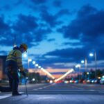 A photograph of a lighting contractor in action