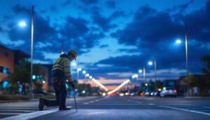 A photograph of a lighting contractor in action