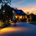 A photograph of a beautifully illuminated driveway at twilight