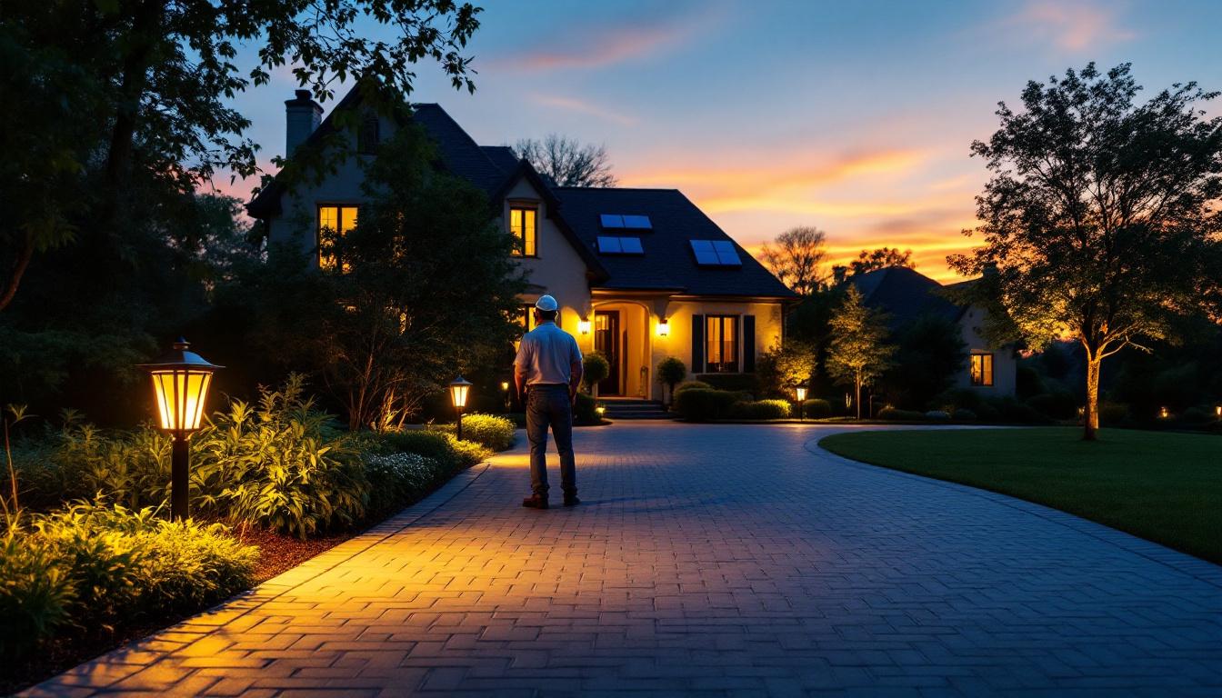 A photograph of a beautifully illuminated driveway at twilight
