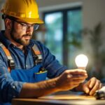 A photograph of a lighting contractor installing solar bulbs in a modern home setting