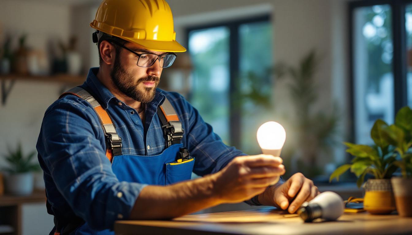 A photograph of a lighting contractor installing solar bulbs in a modern home setting