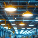 A photograph of a well-lit industrial or commercial space showcasing led bay lights in action