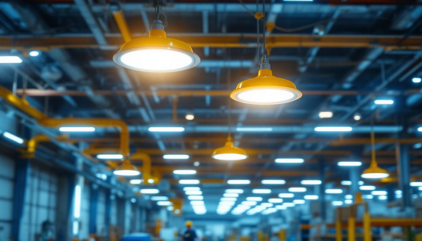 A photograph of a well-lit industrial or commercial space showcasing led bay lights in action