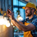 A photograph of a lighting contractor in action