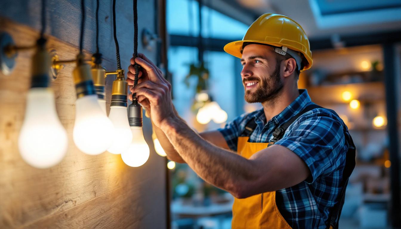 A photograph of a lighting contractor in action