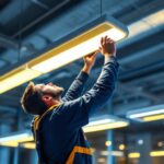 A photograph of a skilled lighting contractor installing or adjusting a suspended ceiling fluorescent light fixture in a modern workspace