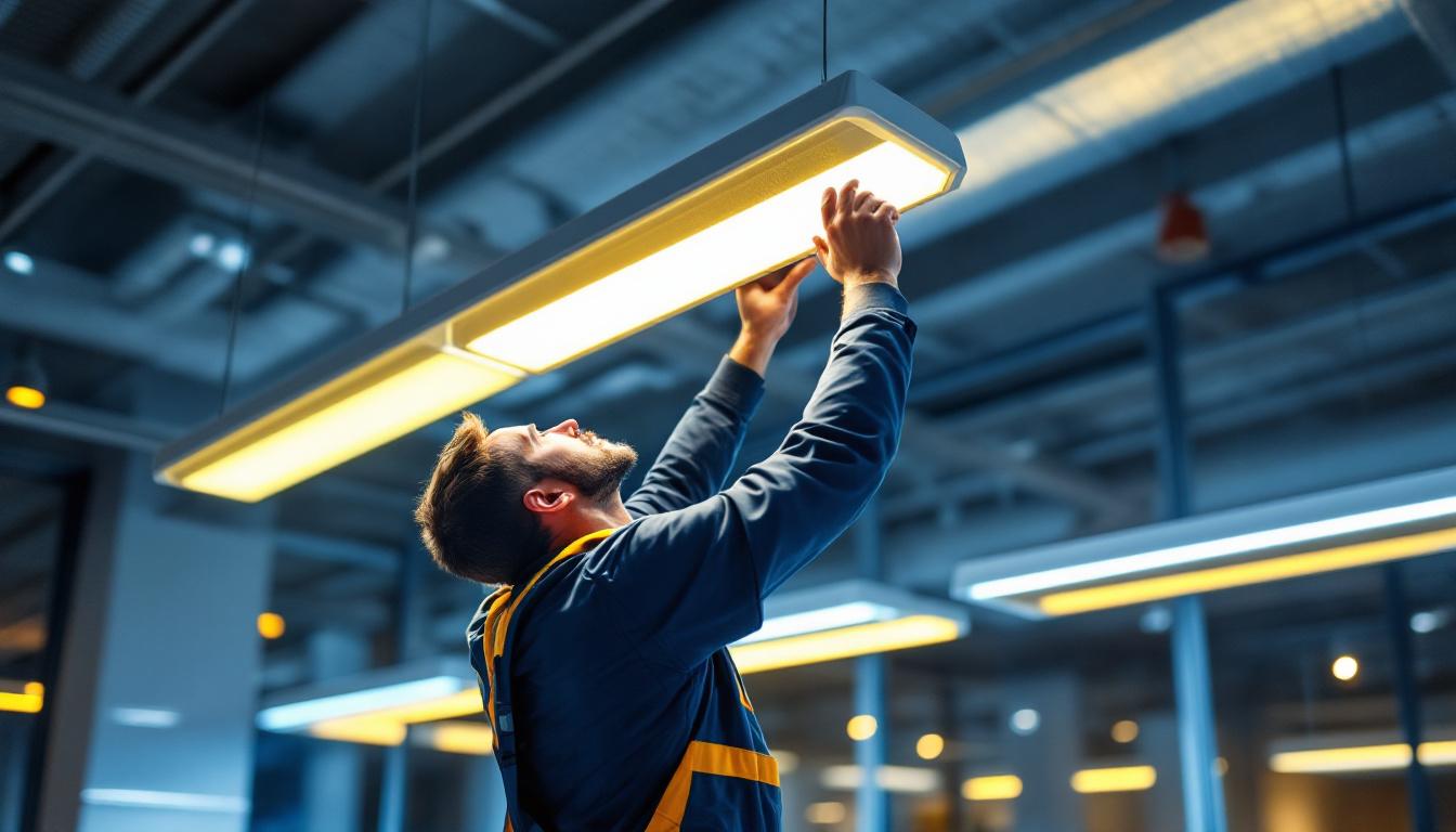 A photograph of a skilled lighting contractor installing or adjusting a suspended ceiling fluorescent light fixture in a modern workspace