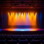 A photograph of a movie theatre interior featuring dynamic lighting effects