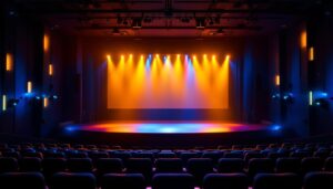 A photograph of a movie theatre interior featuring dynamic lighting effects