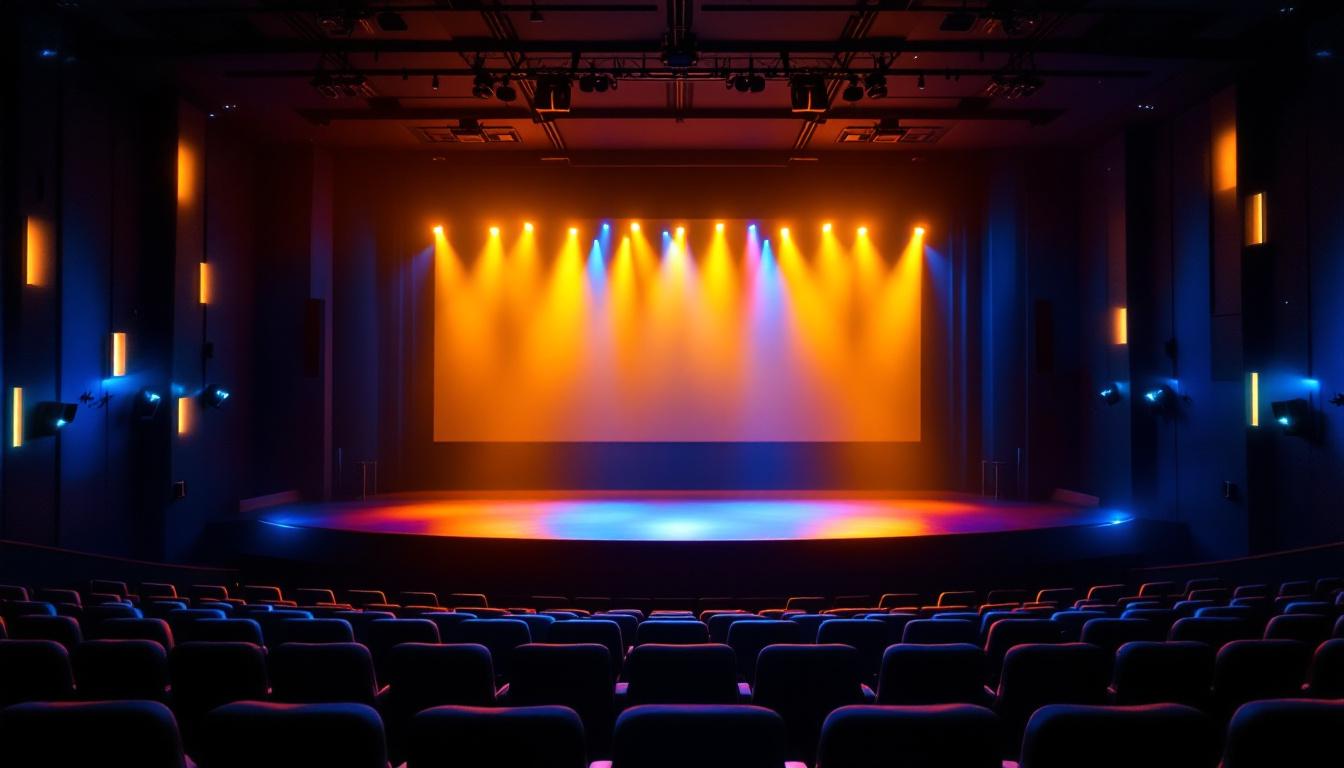 A photograph of a movie theatre interior featuring dynamic lighting effects