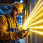 A photograph of a lighting contractor working on a commercial project