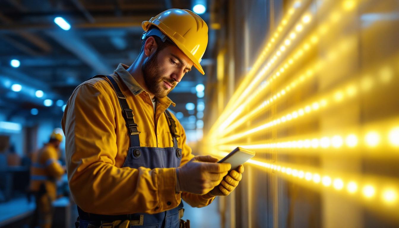 A photograph of a lighting contractor working on a commercial project