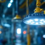 A photograph of a rugged explosion-proof led light fixture installed in an industrial setting