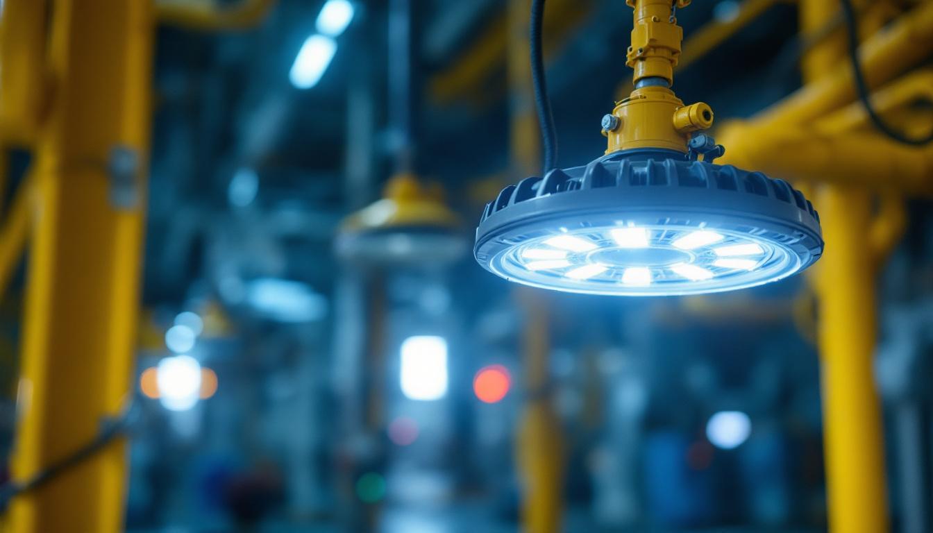 A photograph of a rugged explosion-proof led light fixture installed in an industrial setting