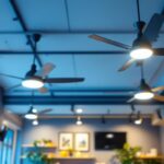 A photograph of a well-lit commercial space featuring stylish ceiling fans with integrated lighting