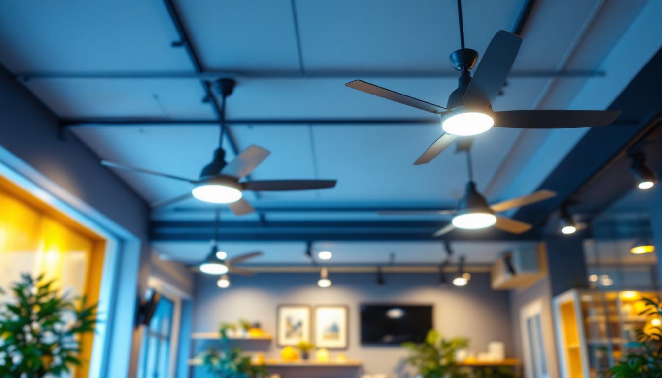 A photograph of a well-lit commercial space featuring stylish ceiling fans with integrated lighting