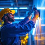 A photograph of a skilled lighting contractor in action