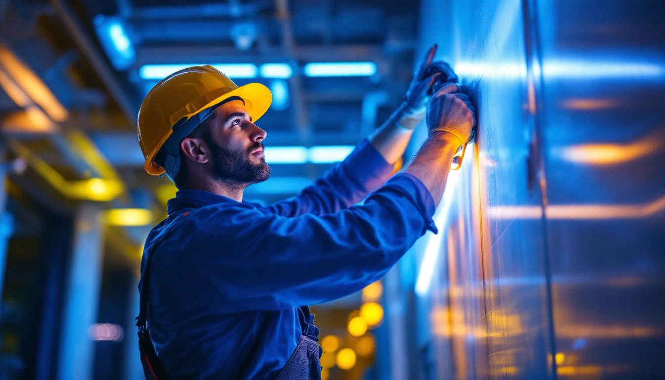 A photograph of a skilled lighting contractor in action