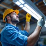 A photograph of a lighting contractor actively installing or adjusting a t5 fluorescent light fixture in a commercial or residential setting