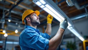 A photograph of a lighting contractor actively installing or adjusting a t5 fluorescent light fixture in a commercial or residential setting