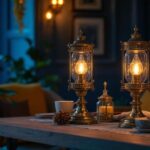 A photograph of a beautifully styled indoor space featuring elegant gas lamps