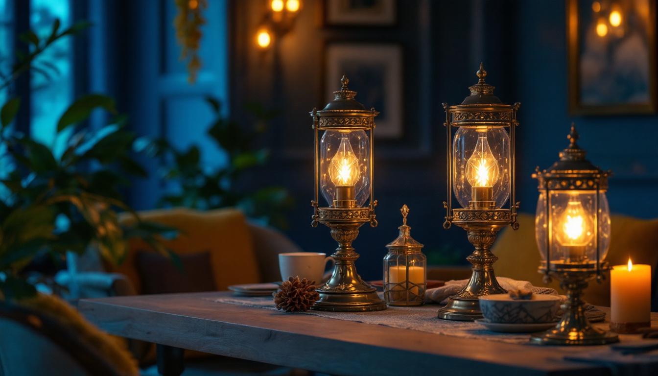 A photograph of a beautifully styled indoor space featuring elegant gas lamps