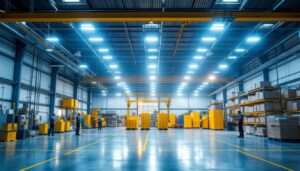 A photograph of a well-lit industrial space showcasing highbay led lighting in action