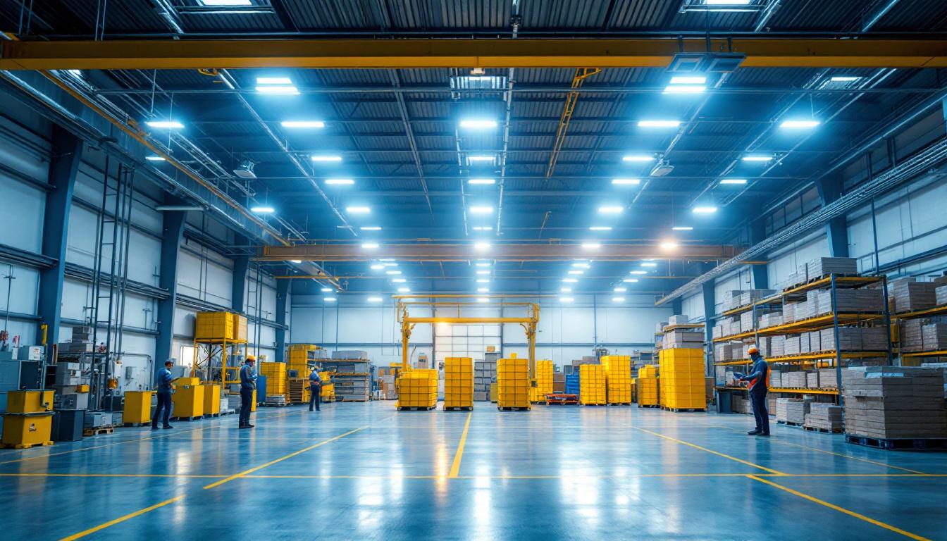 A photograph of a well-lit industrial space showcasing highbay led lighting in action