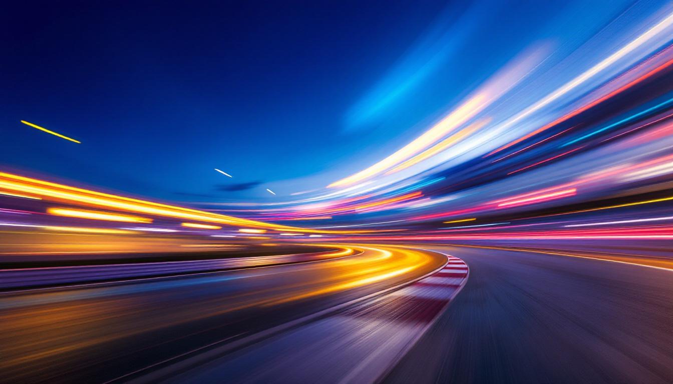 A photograph of a dynamic light race track at dusk