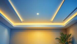 A photograph of a well-lit room featuring a drop ceiling with energy-efficient led lighting