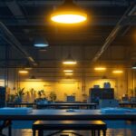 A photograph of an industrial workspace illuminated by various led fixtures