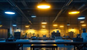 A photograph of an industrial workspace illuminated by various led fixtures