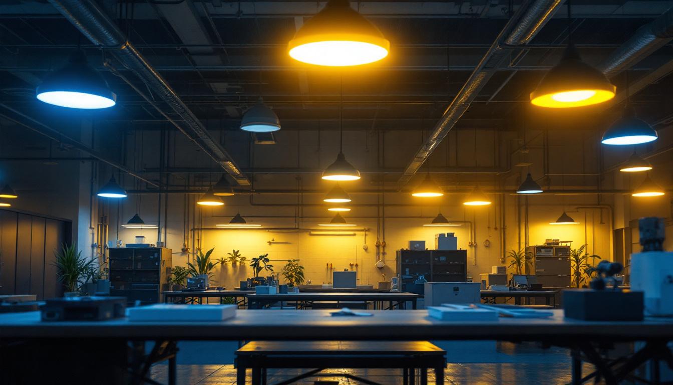 A photograph of an industrial workspace illuminated by various led fixtures
